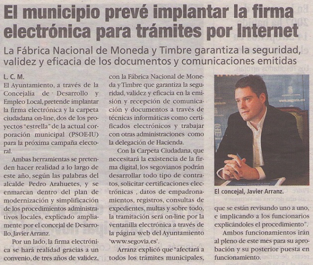 El municipio prevé implantar la firma electrónica garantizada por la Fábrica Nacional de Moneda y Timbre para trámites por Internet