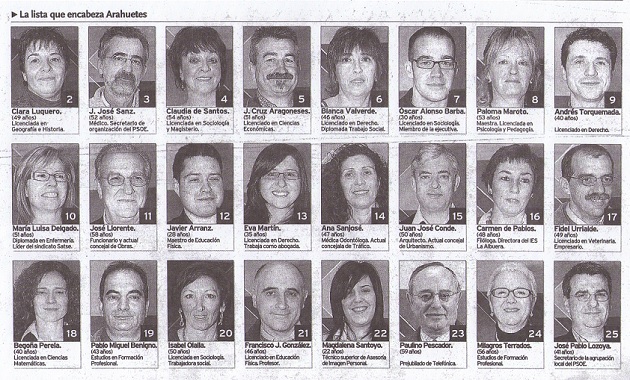 Los rostros de la lista socialista que encabeza Arahuetes con Javier Arranz en el número 12