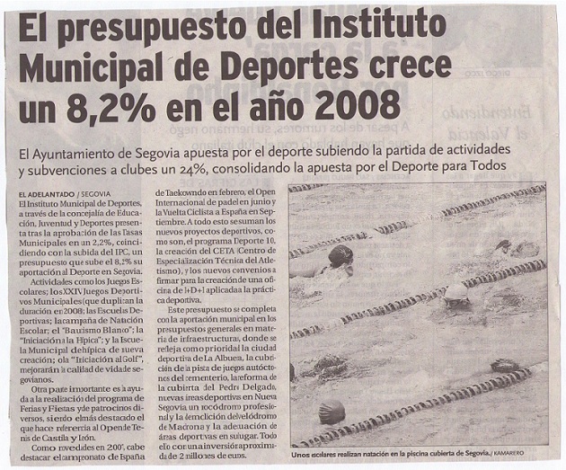 El presupuesto del Instituto Municipal de Deportes crece un 8,2% en el año 2.008