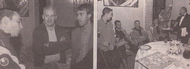En la primera imagen, Miguel Rodrigo, José Manuel Arribas y Carlos Tornadijo en plena charla. A la derecha, un camarero ofrece algo de comer a varios jugadores del Caja Segovia / Juan Martín
